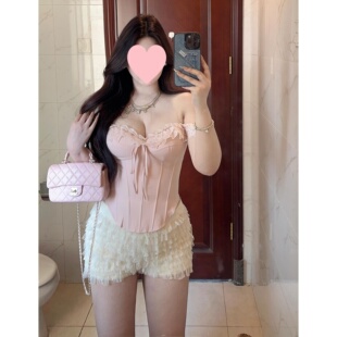 法式纯欲辣妹蕾丝花边绑带女鱼骨抹胸衣一字领修身短款吊带上衣夏