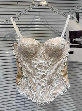 纯欲小众设计辣妹鱼骨蕾丝绑带胸衣女短款无袖性感带胸垫吊带上衣