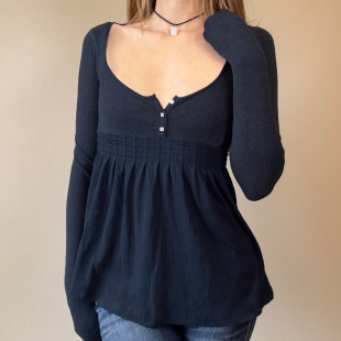 Solid Neck 欧美复古纯色U领长袖 Sleeve Vintage Long Tee T恤