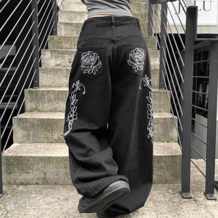 Black Straight Embroidery Rise Jeans Low 黑色刺绣低腰牛仔裤