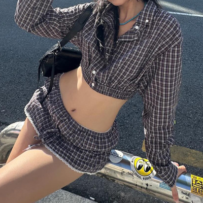 美式学院风辣妹复古格纹短款露脐