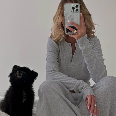 欧美辣妹风灰色上衣抽绳长裤套装