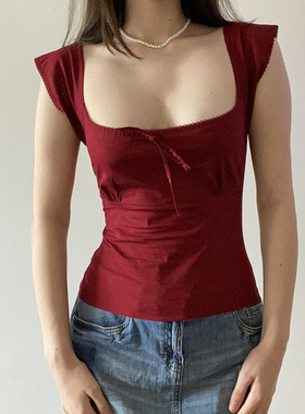 红色系带方领短袖T恤 Red Tie Square Neck Butterfly Sleeve Tee