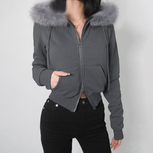 Zip 纯色连帽毛毛拼接拉链卫衣Solid Fur Faux Sweatshirt Hooded