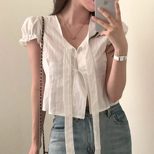 White Bubble Sleeve 夏季 Neck V领T恤 Tee 辣妹风白色泡泡袖