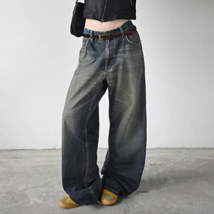 辣妹复古水洗宽松阔腿牛仔裤 Leg Washed Wide Jeans Loose 美式