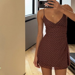 Polka Brown Dot Dress 夏季 Neck 气质辣妹棕色波点V领吊带裙