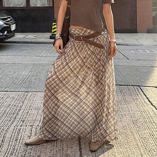 Rise Maxi Plaid Sheer Skirt Mesh 低腰格纹网纱大摆透视长裙Low