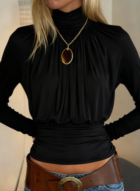 秋季黑色高领短款长袖T恤Black Turtleneck Crop Long Sleeve Tee