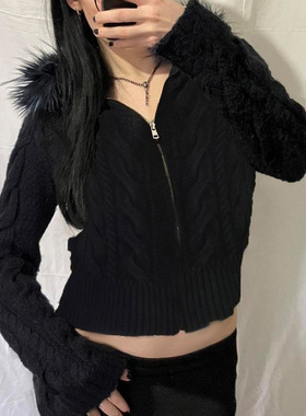 秋冬黑色连帽麻花毛衣开衫 Black Hooded Cable Knit Cardigan