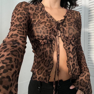 Leopard Print Sheer 秋季 Sleeve 开 Long Cardigan 豹纹透视长袖