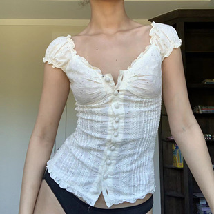 Bubble Sleeve Ruffle 夏季 Neck 木耳边V领T恤 Tee 泡泡袖