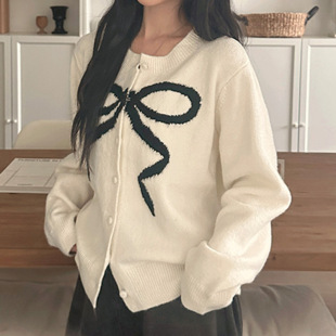 蝴蝶结撞色圆领开衫 Neck Bow Round Cardigan Contrast 秋季