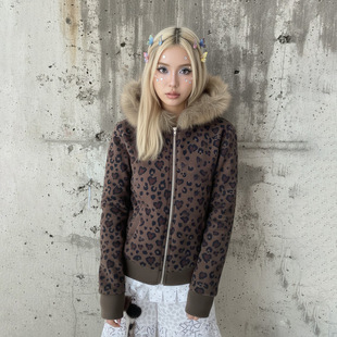 Hooded 豹纹印花毛毛连帽拉链卫衣 Fur Faux Sweatshirt Leopard