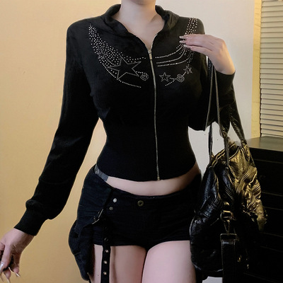 秋冬新品暗黑风烫钻印花连帽外套