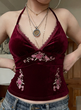 Backless slimming tank top美式复古修身花边花卉刺绣挂脖背心女