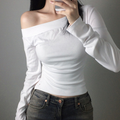 跨境秋季性感ins风斜领露肩长袖