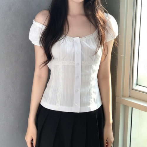 纯色温柔风短袖花边衬衫女装夏季