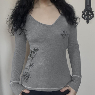 Gray Sleeve 灰色V领印花长袖 Tee Long T恤 Print 秋季 Neck