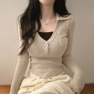 knit top新款 美式 长袖 slimming 辣妹双口袋polo领修身 T恤 neck