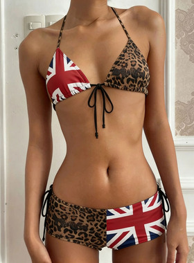 Strap design multi-color vest欧美辣妹风豹纹印花比基尼套装女