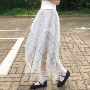 Asymmetric 春季 Mesh Plaid Skirt 格子网纱不规则半身裙