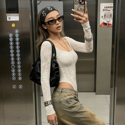 2026新品欧美辣妹风蕾丝拼接长袖