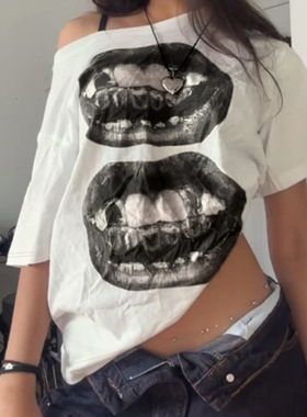 夏季新款美式短袖T恤嘴唇印花 Summer Y2K Lip Print Graphic Tee