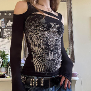 Wings Shoulder Print Off Tee Sheer 暗黑翅膀印花镂空露肩T恤