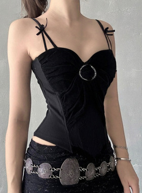 春夏黑色丝绒蕾丝蝴蝶结吊带 Black Velvet Lace Bow Cami