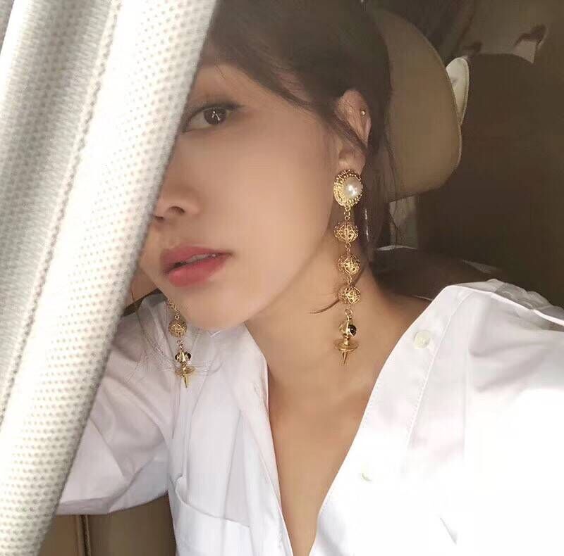 包邮 欧美复古珍珠金色镂空球球长款耳环 日韩气质网红耳钉耳夹