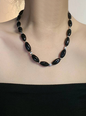 石头串珠女黑色串珠项链锁骨链