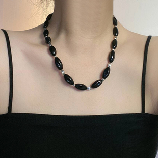 复古黑色石头串珠拼接项链女轻奢高级感小香风甜酷锁骨链颈链