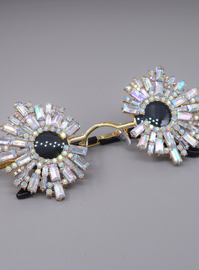 欧美复古满钻方形太阳镜女个性镶钻墨镜时尚金属眼镜太阳花造型