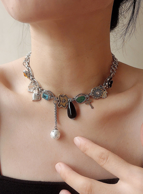 欧美朋克多元素金属链花朵珍珠水滴项链女甜酷辣妹choker锁骨颈链