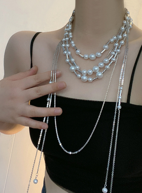 复古珍珠多层女长款流苏锁骨链