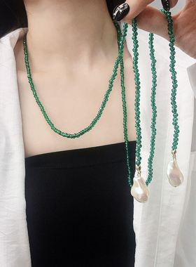 小众设计异形巴洛克珍珠长款项链黑绿水晶系绳轻奢高级感锁骨链潮