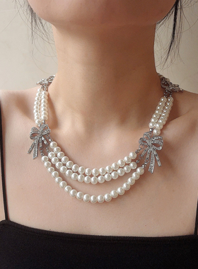 复古小众vintage多层珍珠蝴蝶结项链小众气质高级感锁骨链项链