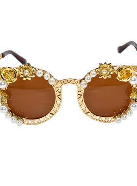 金属花朵珍珠太阳镜个性欧美夸张时尚眼镜网红潮防晒复古茶色墨镜