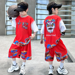 男童篮球服套装儿童卡通红色运动帅气训练服夏季速干薄款短袖球衣