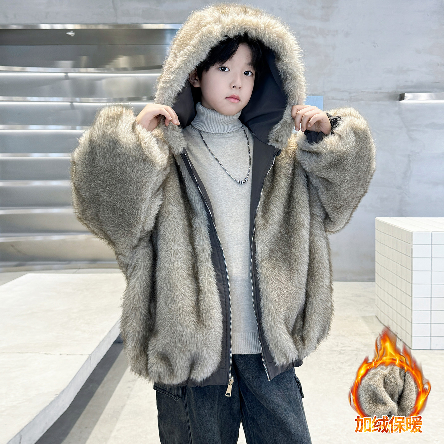 男童皮草外套加厚韩版两面穿