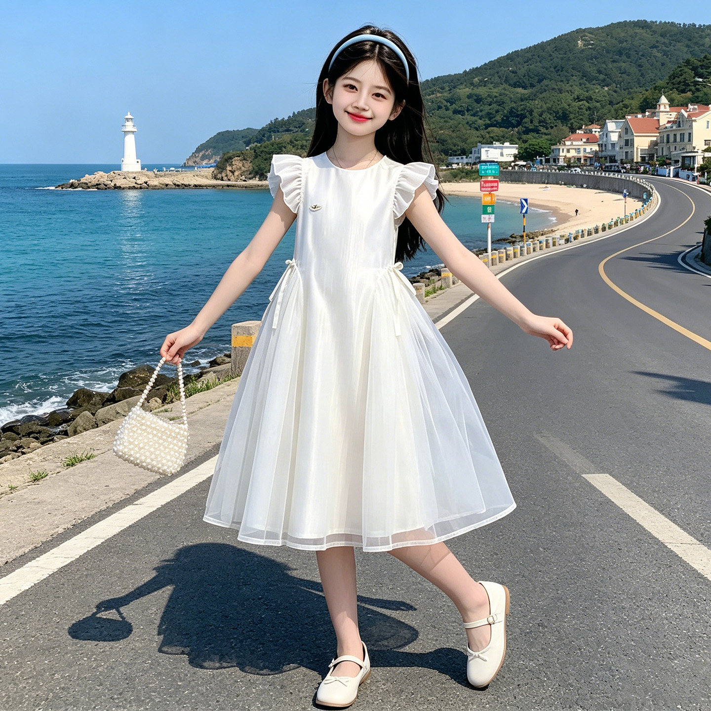 女童夏季双层网纱飞袖公主裙