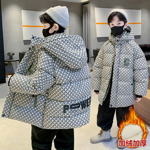 男童冬季加绒加厚连帽棉服2025新款洋气中大童保暖外套棉衣围巾领