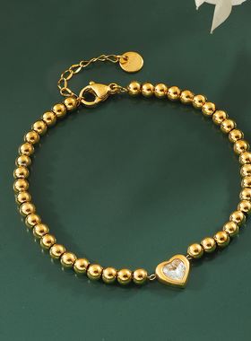 欧美ins风串珠爱心锆石手链女小众设计镀18K金不锈钢时尚百搭手饰