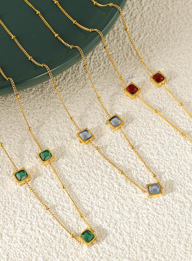 高级感绿祖母锆石项链钛钢小众气质轻奢复古潮流锁骨项叠戴链女