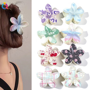 奇阅新款 情人节UV印鸡蛋花抓夹女爱心发夹盘发鲨鱼夹网红头饰批发