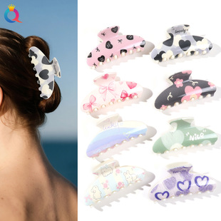 奇阅新款 情节人UV印花甜美爱心抓夹百搭发夹后脑勺盘发鲨鱼夹发饰