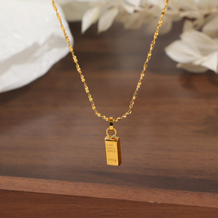 新款 招财锁骨链女 金条项链钛钢轻奢高级感小众设计小金砖吊坠时尚