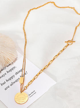 2021年韩版新款双层叠戴钛钢项链金色OT扣字母圆牌ins冷淡风项链