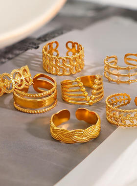 跨境新款欧美活口戒指镀18k金图案花纹钛钢开口不锈钢戒指女